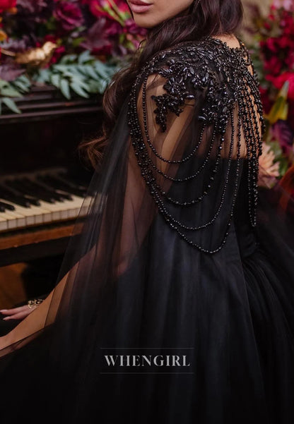 Black Crystal Beaded Tulle Cape Sweetheart Lace Up A-Line Wedding Dress
