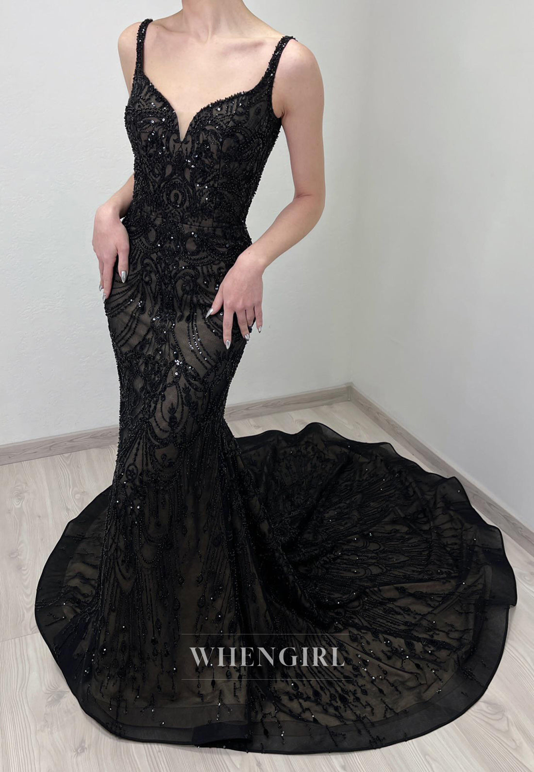 Black Mermaid V Neck Sleeveless Beaded Lace Tetachable Court Train Wedding Dress
