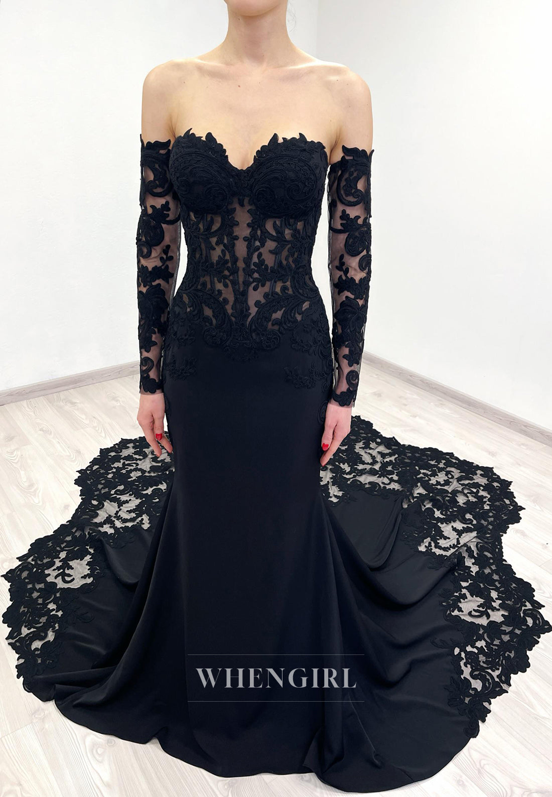 Black Mermaid Long Bell Sleeves Appliuqed Lace Court Train High Neck Wedding Dress