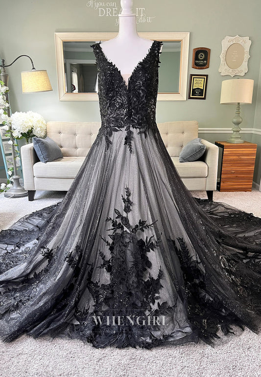 V Neck Regular Straps Appliqued A-Line Chapel Train Wedding Dress