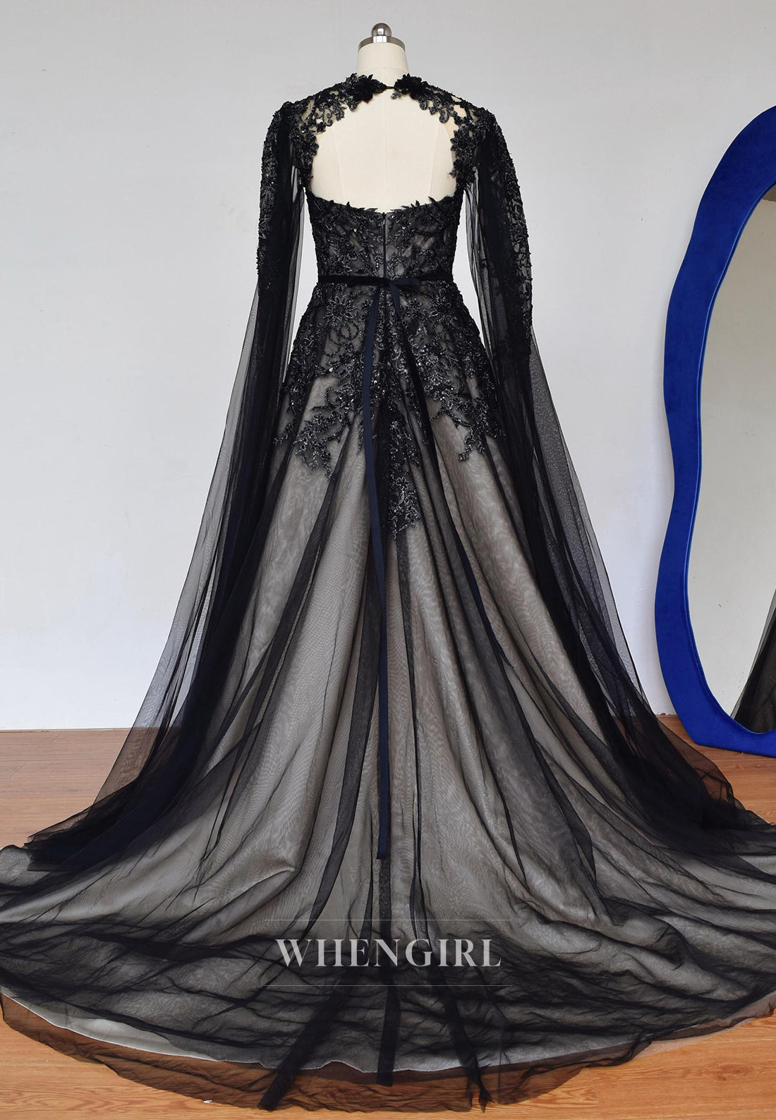 Black A-Line Long Sleeves Bateau Neck Beaded Lace Court Train Wedding Dress