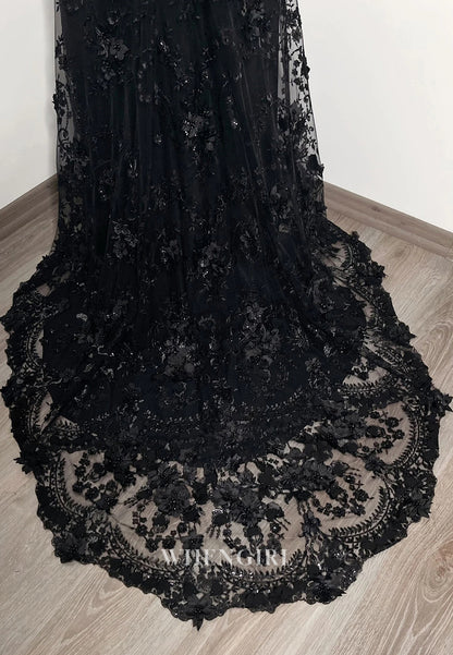 Black Long Sleeves Appliqued Beaded Detachable Train Mermaid Wedding Dress