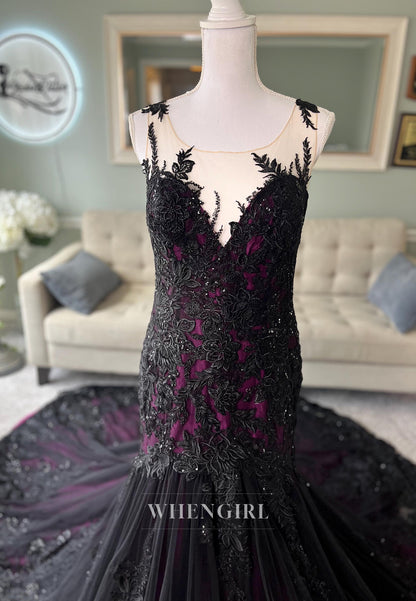 Mermaid Appliqued Lace Court Train Sleeveless Detachable High Neck Wedding Dress