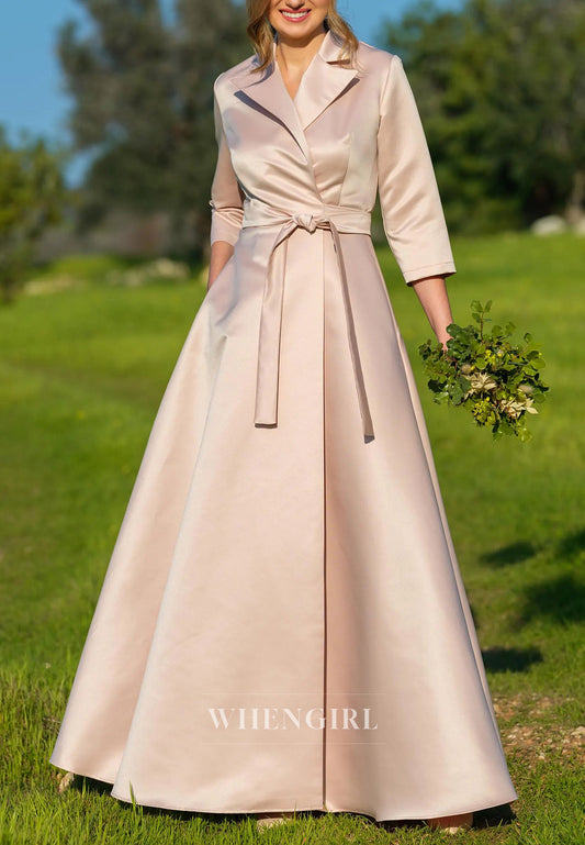 Champagne A-Line V Neck 3/4 Sleeves Satin Mother og the Bride Dress