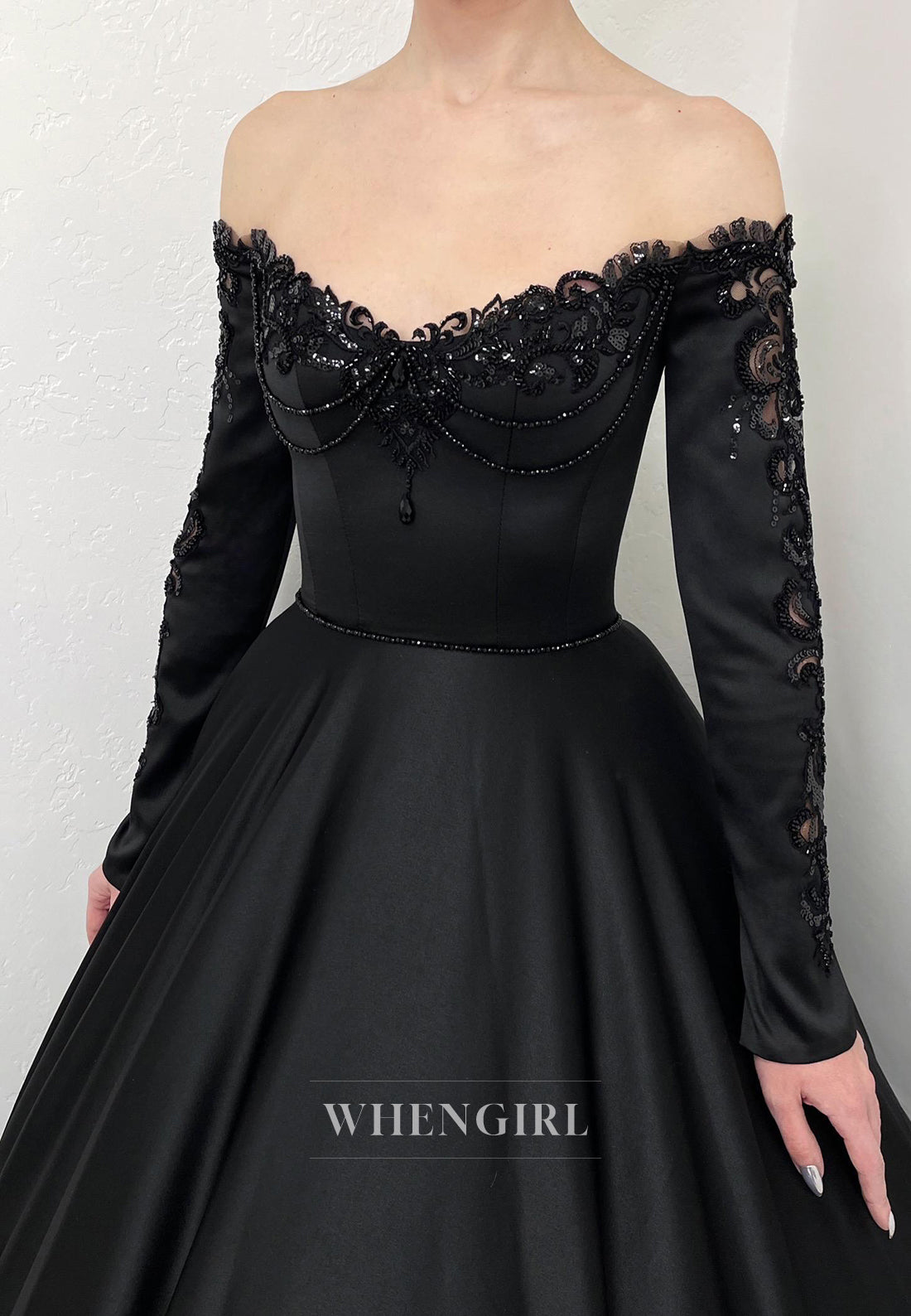 Black A-Line Long Sleeves Beaded Off Shoulder Chapel Train Lace Up Wedding Dress