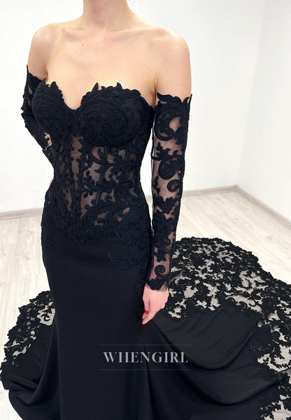 Black Mermaid Long Bell Sleeves Appliuqed Lace Court Train High Neck Wedding Dress