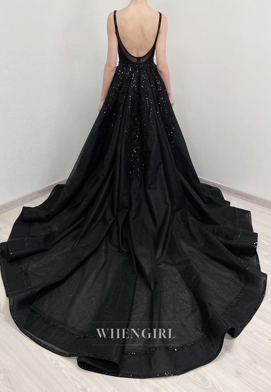 Black Mermaid V Neck Sleeveless Beaded Lace Tetachable Court Train Wedding Dress