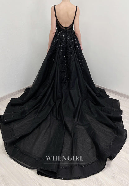 Black Mermaid V Neck Sleeveless Beaded Lace Tetachable Court Train Wedding Dress
