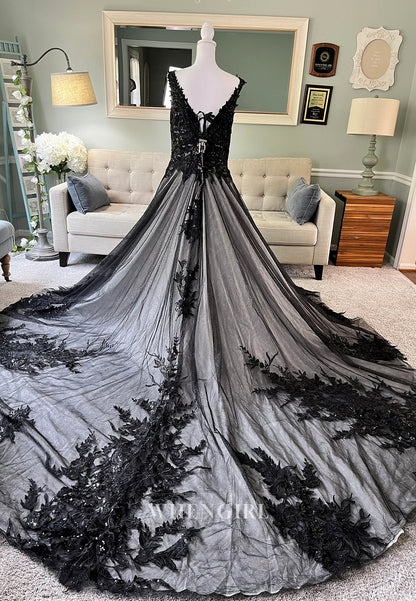 V Neck Regular Straps Appliqued A-Line Chapel Train Wedding Dress