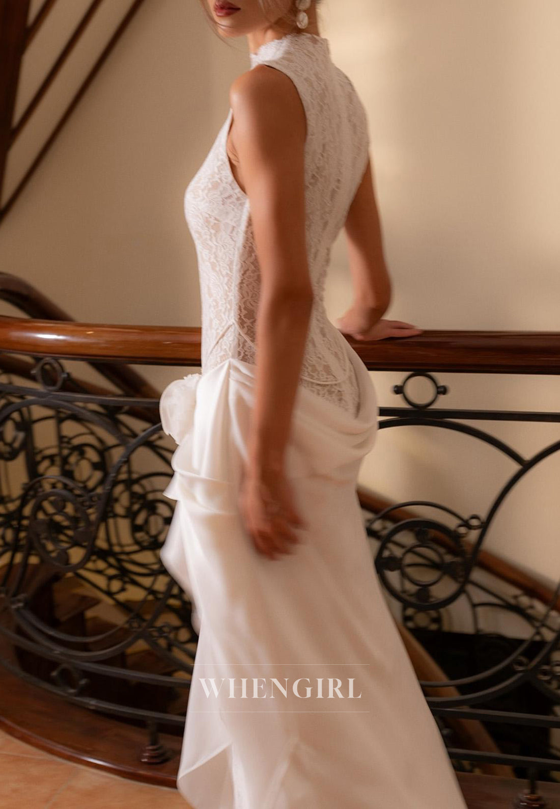 High Neck Lace Sleeveless 3D Flower Floor Length Sheath Wedding Dress