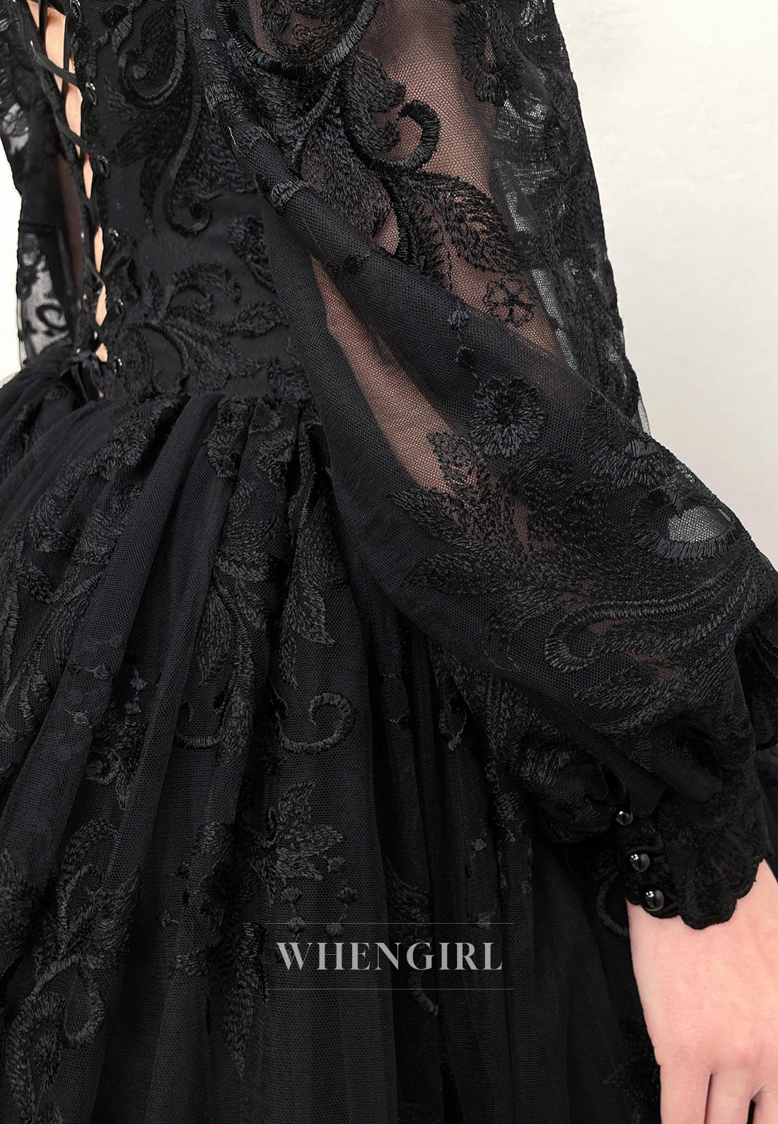 Black V Neck Long Sleeves Lace Up Ball Gown Lace Wedding Dress