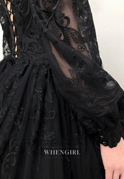 Black V Neck Long Sleeves Lace Up Ball Gown Lace Wedding Dress