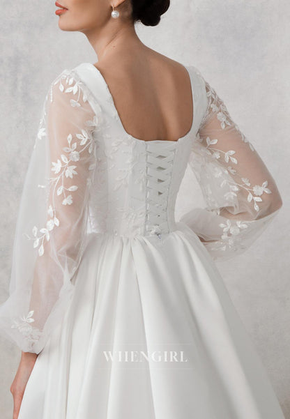 A-Line Square Neck Long Sleeves Embroidery Lace Up Sweep Train Wedding Dress with Pockets