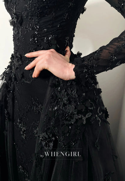 Black Long Sleeves Appliqued Beaded Detachable Train Mermaid Wedding Dress