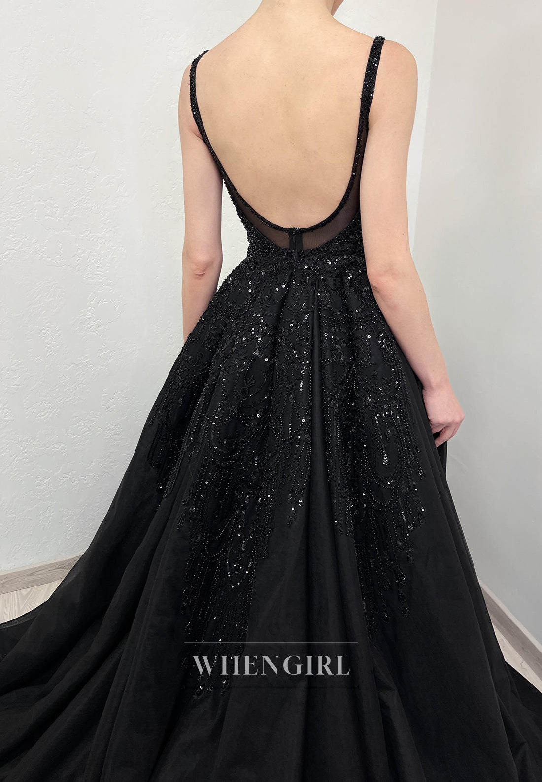 Black Mermaid V Neck Sleeveless Beaded Lace Tetachable Court Train Wedding Dress