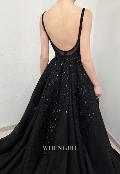 Black Mermaid V Neck Sleeveless Beaded Lace Tetachable Court Train Wedding Dress