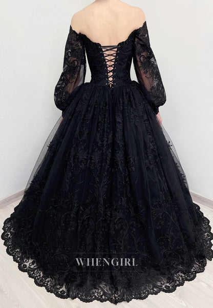 Black V Neck Long Sleeves Lace Up Ball Gown Lace Wedding Dress