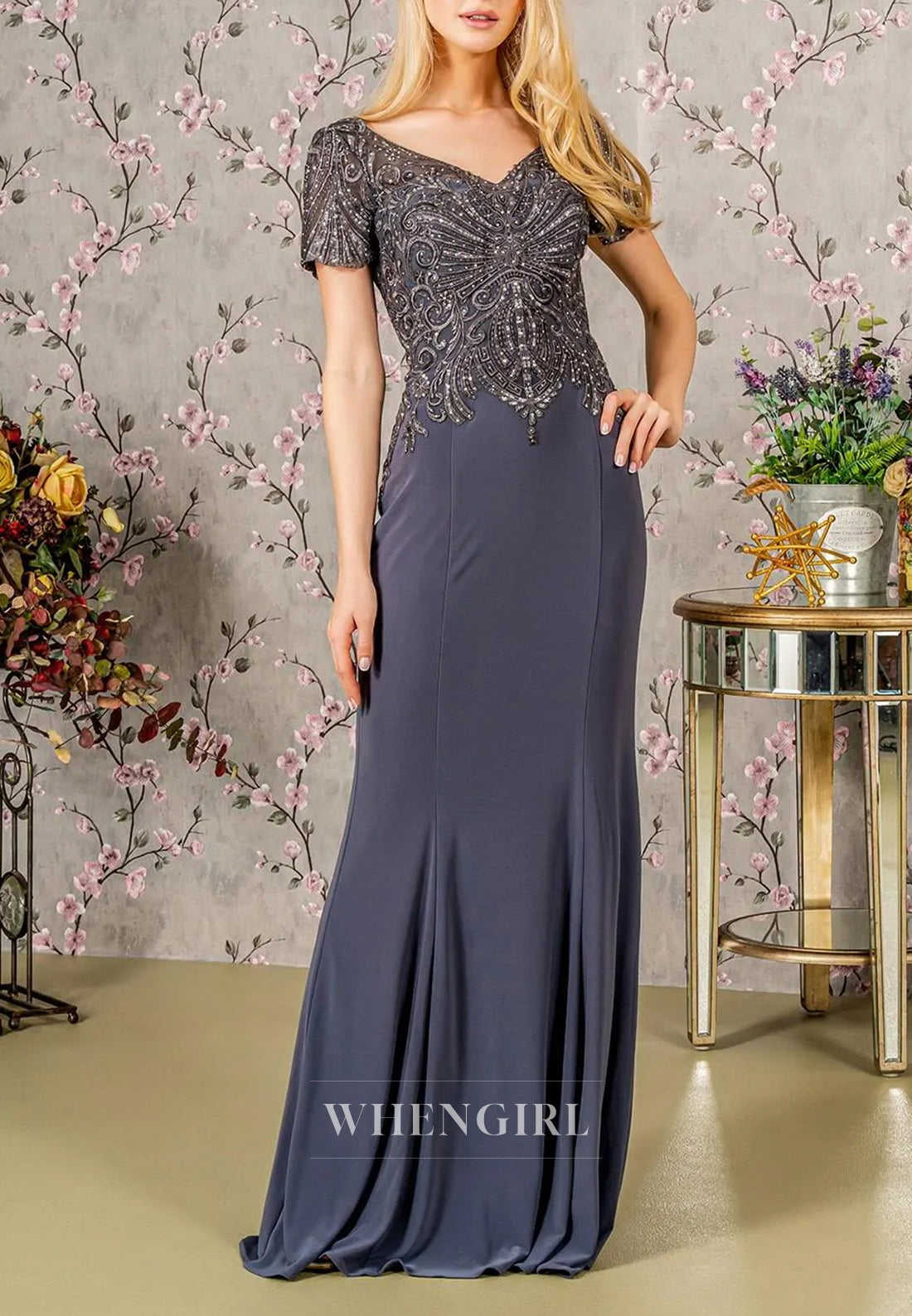 Sheath V Neck Beaded Embroidery Short Sleeves Floor Length Back Zipper Mother of the Bride Dress