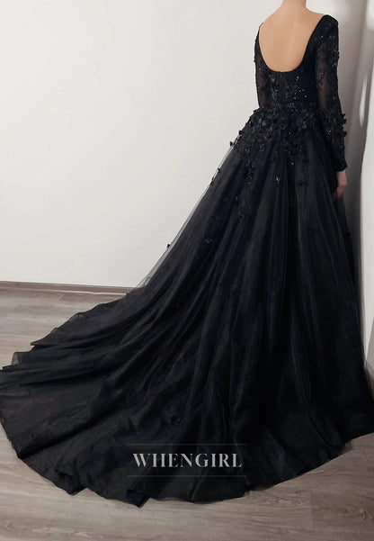 Black Long Sleeves Appliqued Beaded Detachable Train Mermaid Wedding Dress