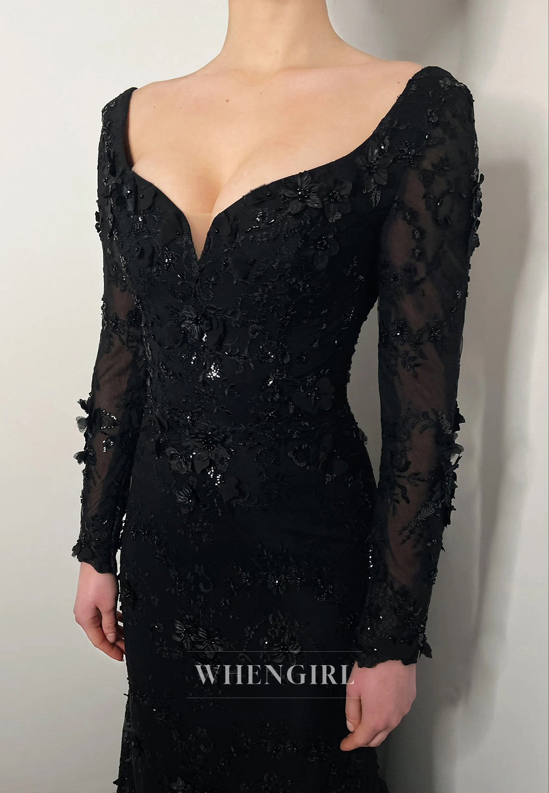 Black Long Sleeves Appliqued Beaded Detachable Train Mermaid Wedding Dress