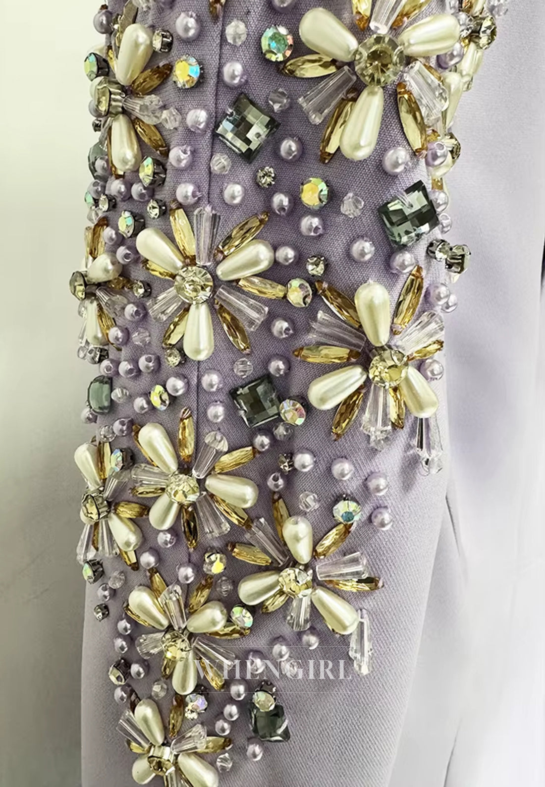 Lilac V Neck Long Beaded Sleeves Back Zipper Mermaid Evening Formal Dress