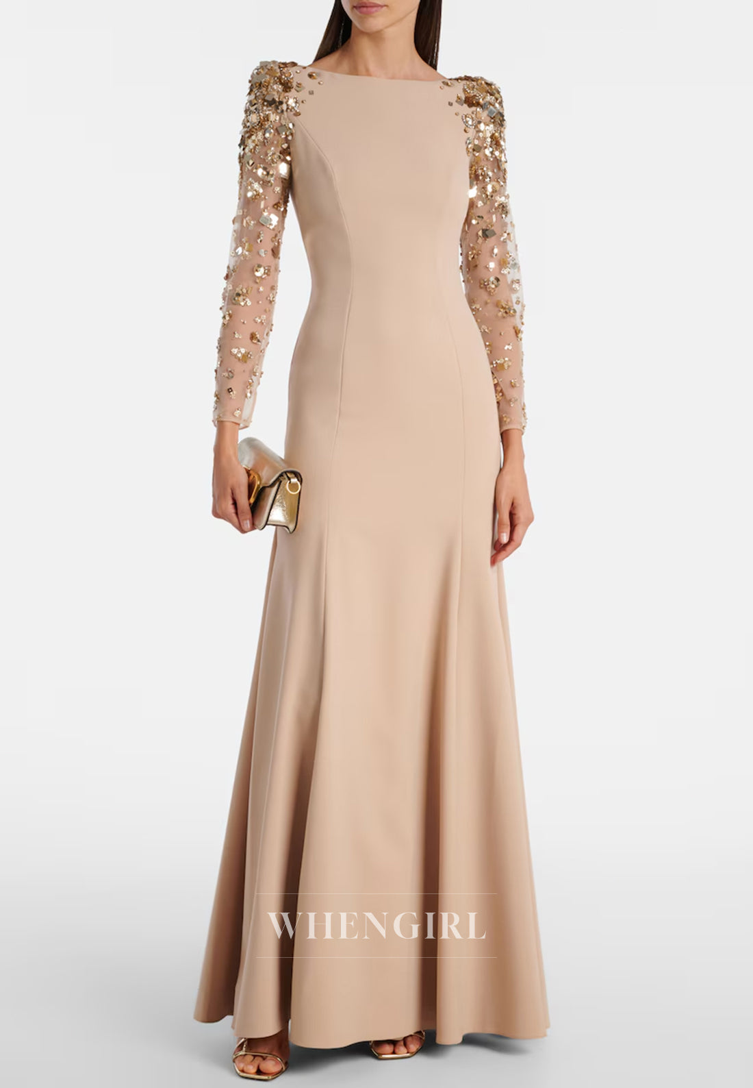 Sheath Bateau Neck Beaded Long Sleeves Back Zipper Evening Formal Gown