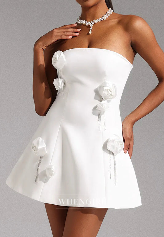 White Tube Top Sleeveless Flowers Tassels Back Zipper A-Line Short Homecoming Dress