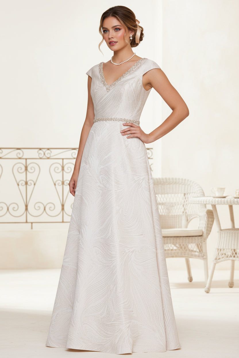 Coulumn V Neck Cap Sleeves Beaded Floor Length Mother of the Bride Dress