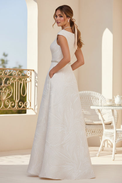 Coulumn V Neck Cap Sleeves Beaded Floor Length Mother of the Bride Dress