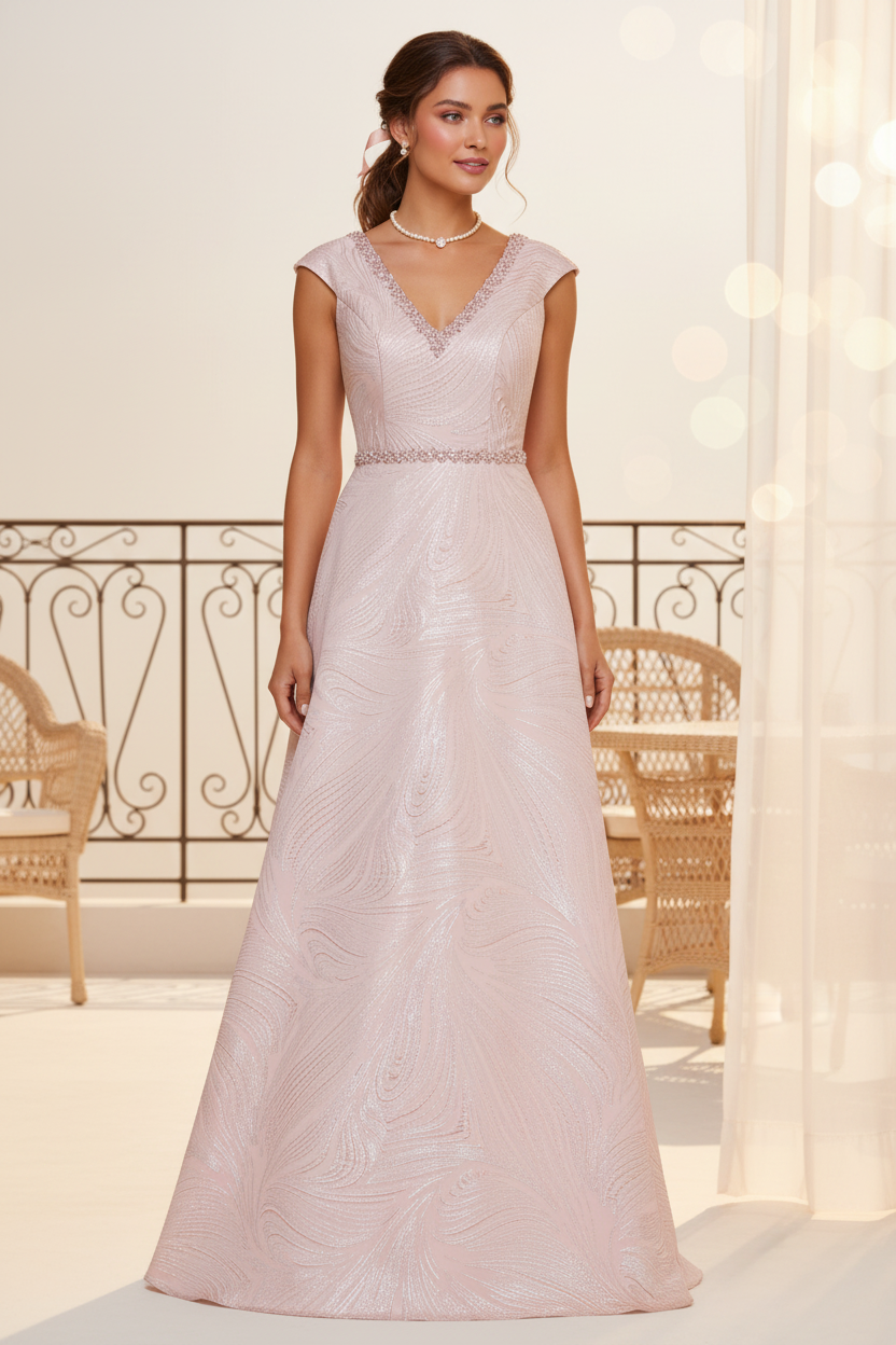 Coulumn V Neck Cap Sleeves Beaded Floor Length Mother of the Bride Dress