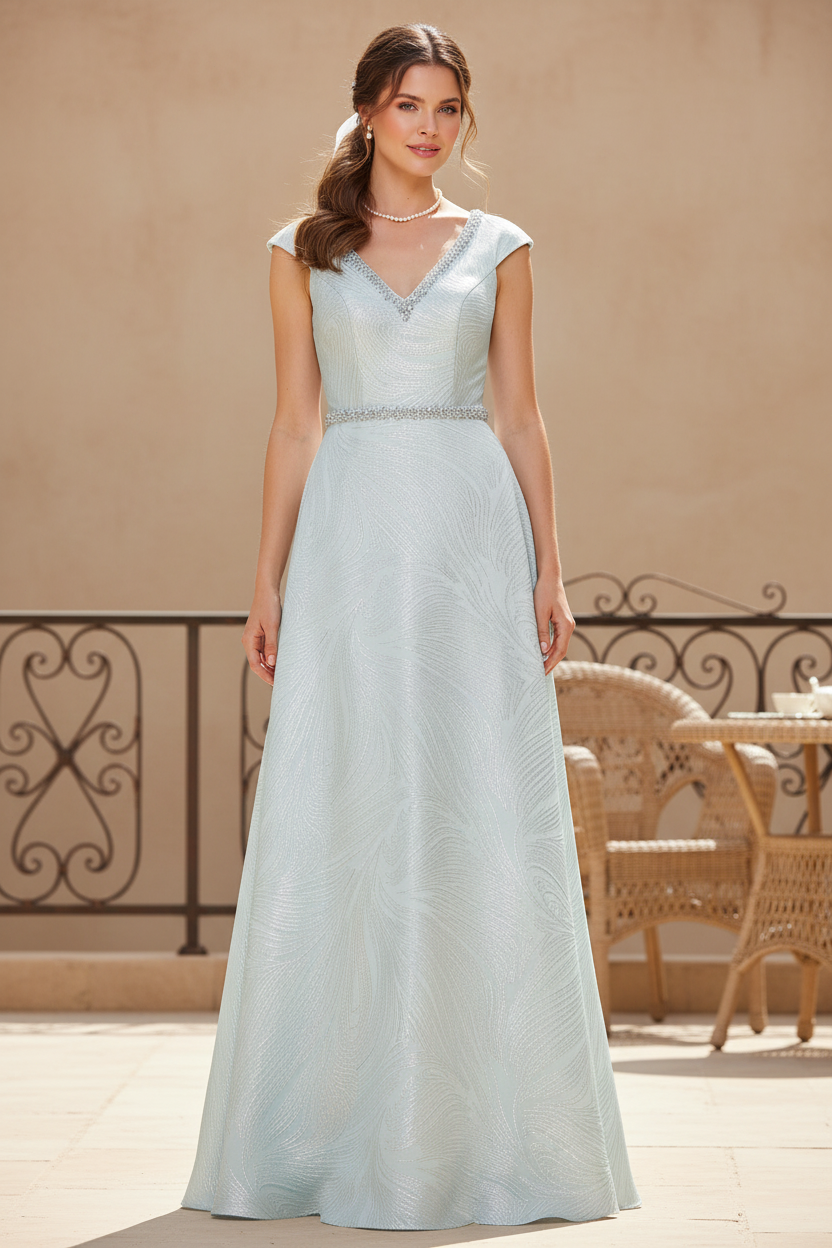 Coulumn V Neck Cap Sleeves Beaded Floor Length Mother of the Bride Dress