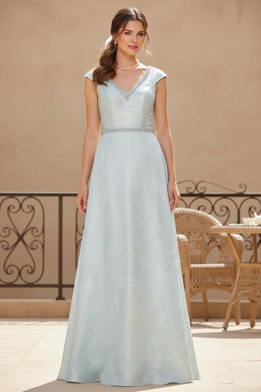 Coulumn V Neck Cap Sleeves Beaded Floor Length Mother of the Bride Dress