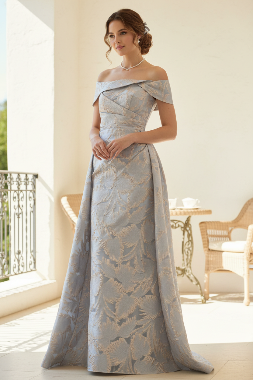 Off Shoulder Pleated Sheath Mother of the Bride Dress with Overskirt