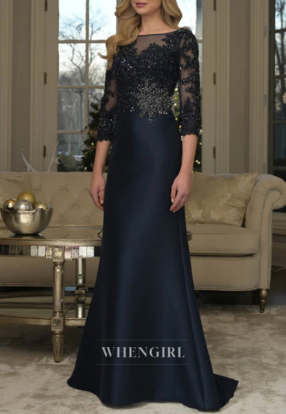 Bateau Neck Appliques Beaded 3/4 Sleeves Mermaid Mother of the Bride Dress