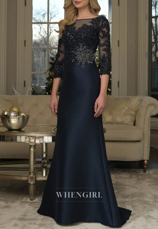 Bateau Neck Appliques Beaded 3/4 Sleeves Mermaid Mother of the Bride Dress