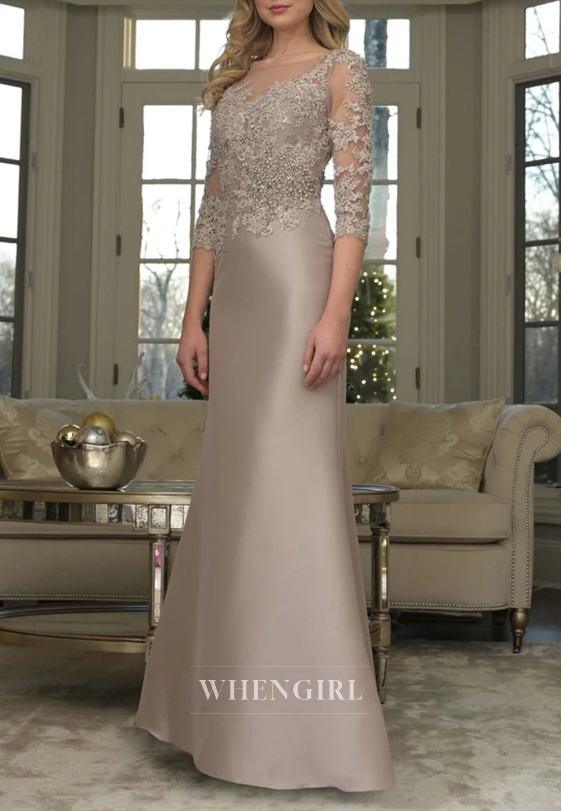 Bateau Neck Appliques Beaded 3/4 Sleeves Mermaid Mother of the Bride Dress