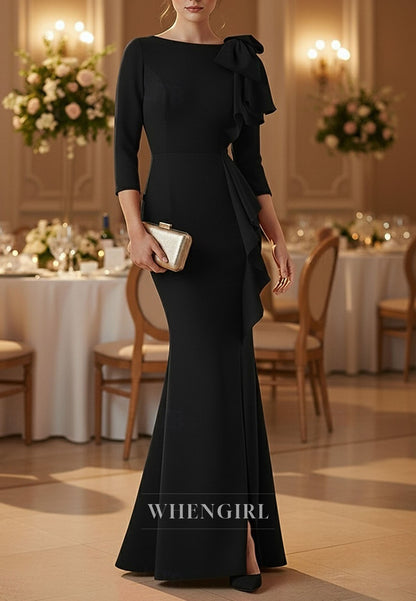 Trumpet Ruffles 3/4 Sleeves Bateau Neck Slit Mother of the Bride Dress