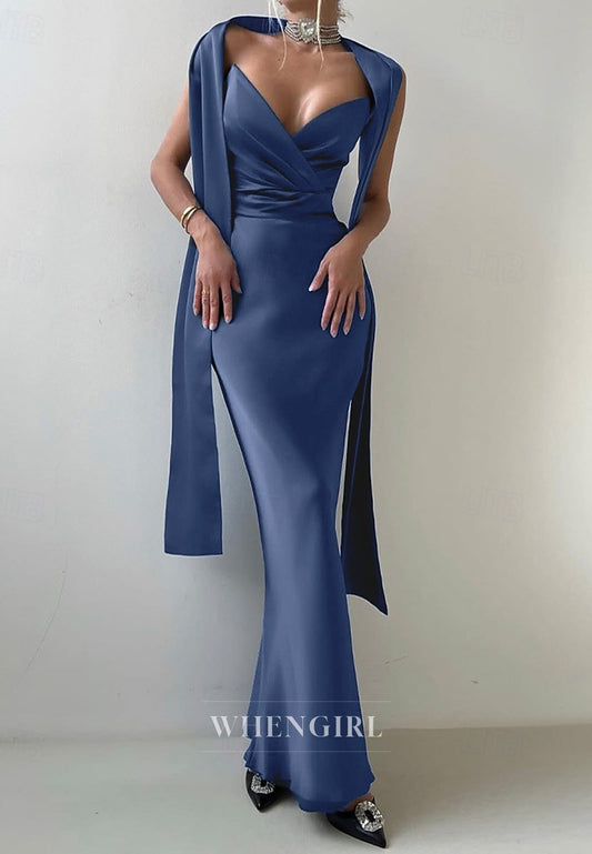 V Neck Sheath Ankle Length Evening Gown Mother of the Bride Dress with Scarf