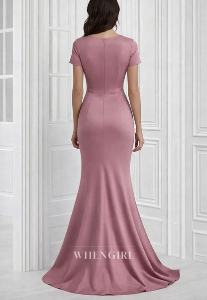 Mermaid V Neck Short Sleeves Ruched Mother of the Bride Dress