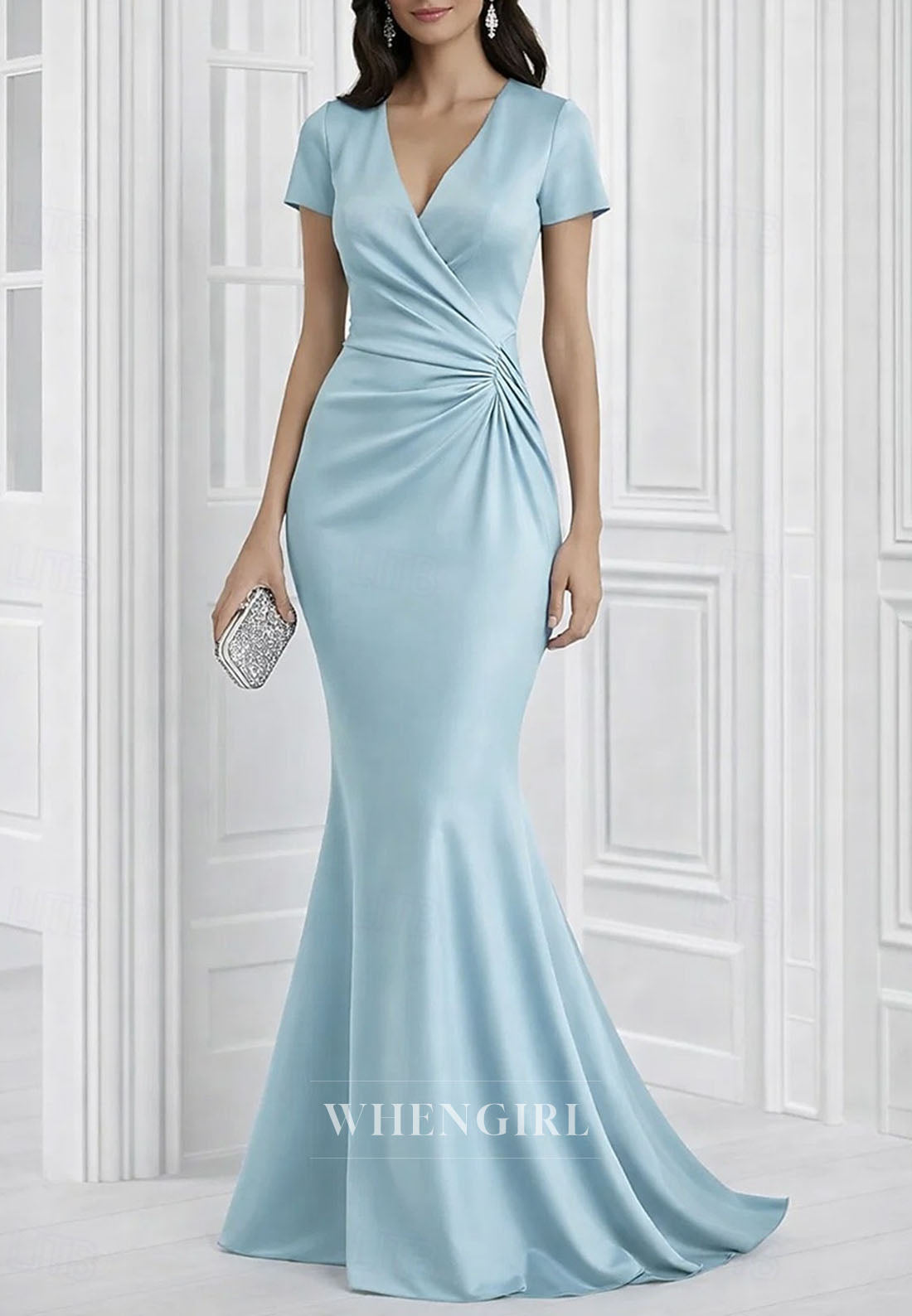 Mermaid V Neck Short Sleeves Ruched Mother of the Bride Dress