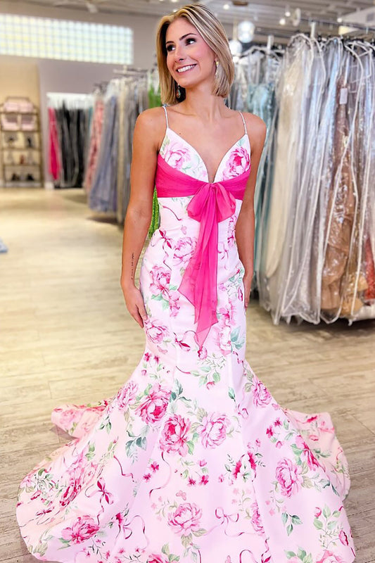 Mermaid Satin Floral Print Prom Dresses Long V Neck Evening Party Gowns for Women