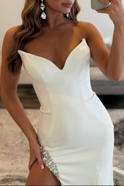 Sweetheart Mermaid Satin Prom Dresses Long Strapless Evening Gowns with Side Slit