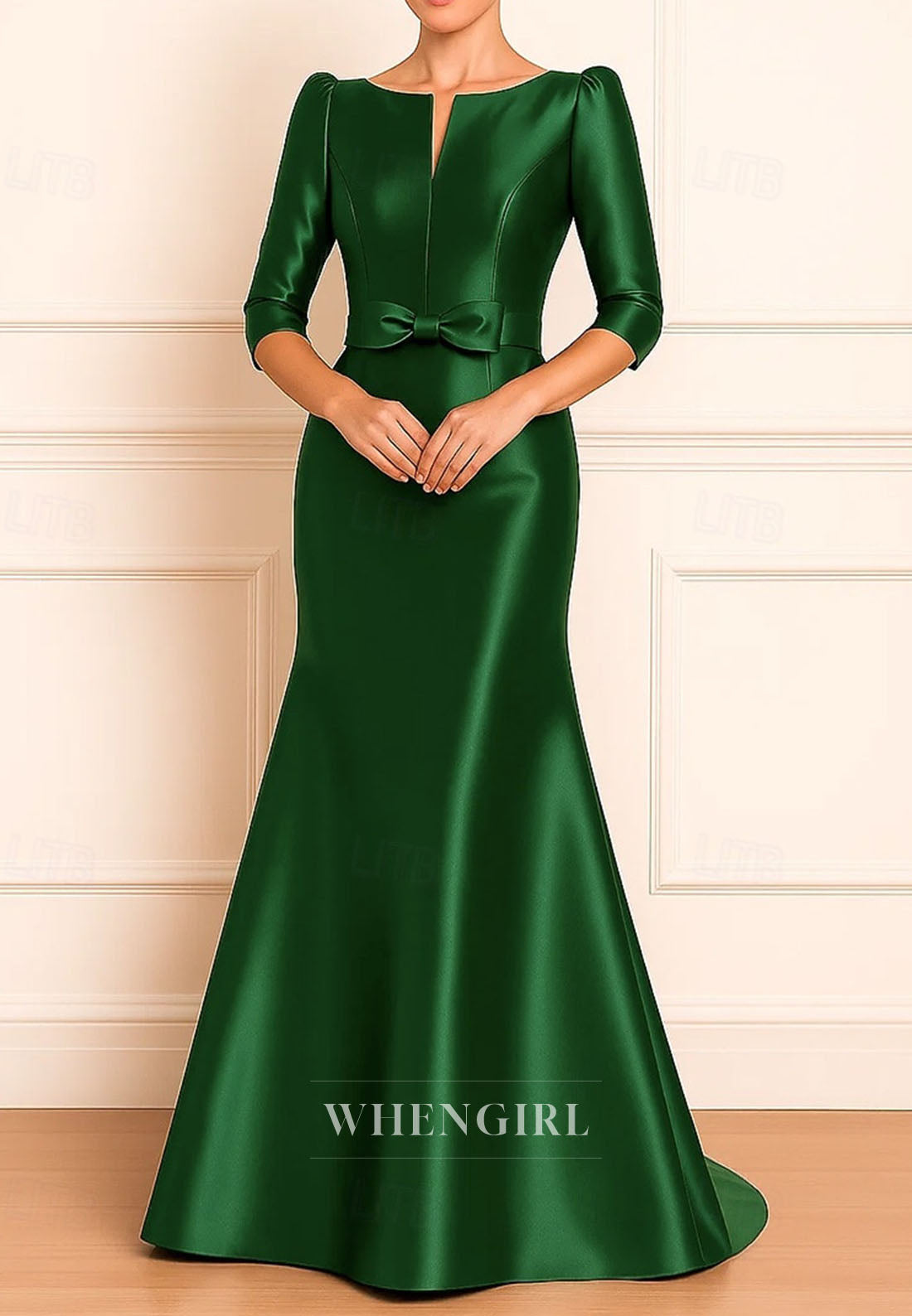 Mermaid Floor Length Evening Gown Elegant Boat Neck Satin Mother of the Bride Dress with Bow