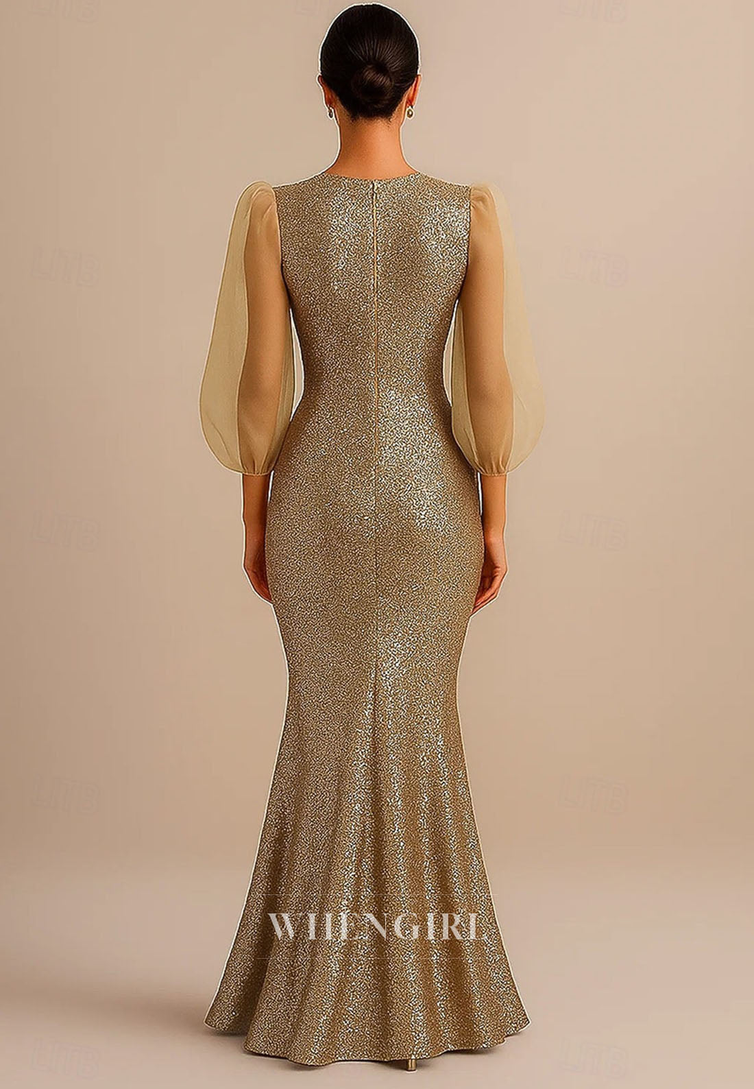 Mermaid Bateau Neck 3/4 Sleeves Sequins Floor Length Mother of the Bride Dress