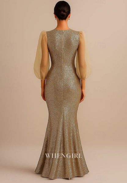 Mermaid Bateau Neck 3/4 Sleeves Sequins Floor Length Mother of the Bride Dress