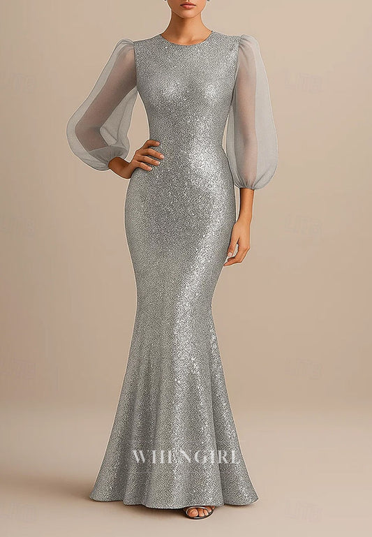 Mermaid Bateau Neck 3/4 Sleeves Sequins Floor Length Mother of the Bride Dress