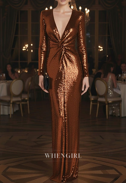 Stunning V Neck Long Sleeves Ruched Sheath Mother of the Bride Dress Evening Dress