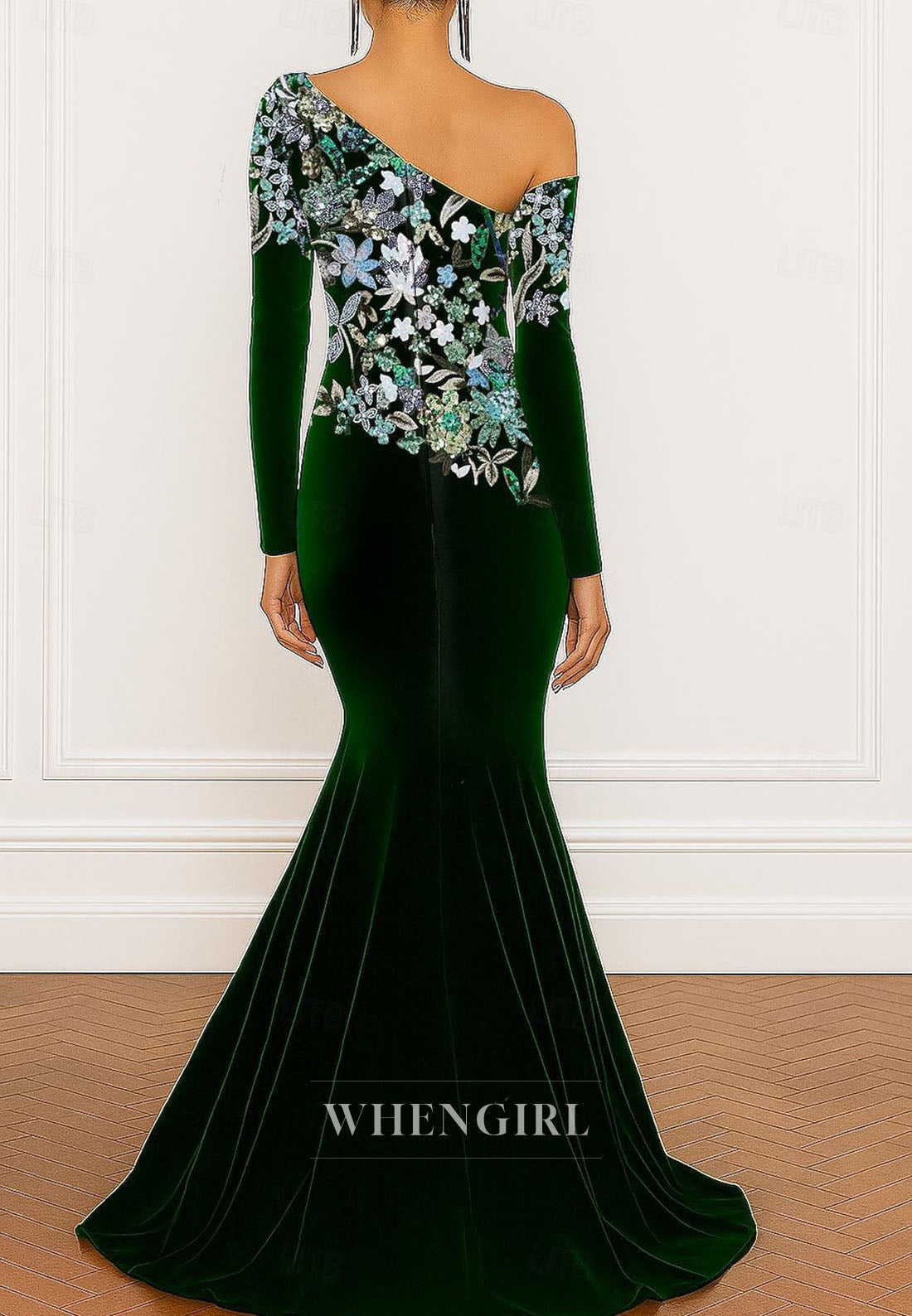 Mermaid Floor Length Long Sleeves Asymmetrical Neck Floral Mother of the Bride Dress Evening Gown