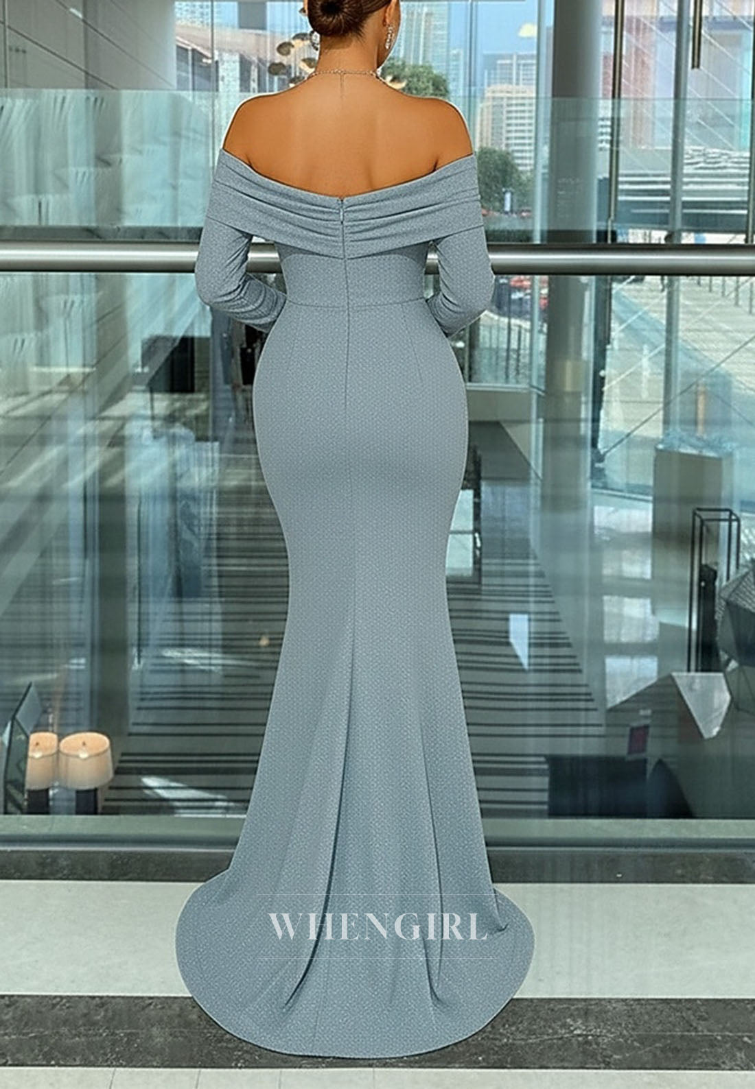 Mermaid Off Shoulder Pleated Long Sleeves Mother of the Bride Dress Evening Dress