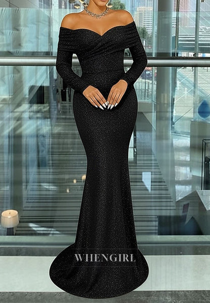 Mermaid Off Shoulder Pleated Long Sleeves Mother of the Bride Dress Evening Dress